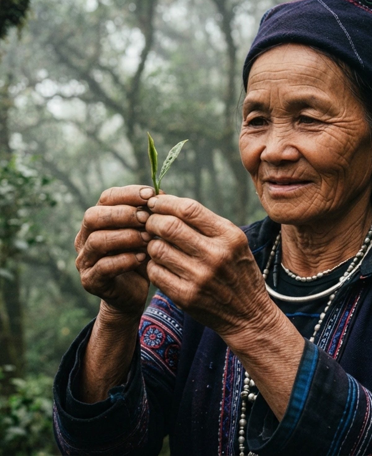 Chân dung một người cao tuổi dân tộc Dao, đôi tay chai sạn nâng niu chiếc lá trà tươi.